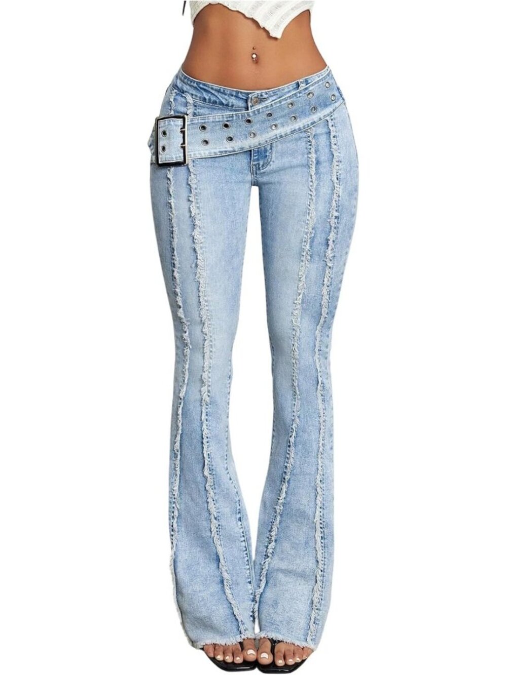 Y2K Grunge Raw Trim Flare Jeans | Low Rise Bootcut Pants for Trendy Style